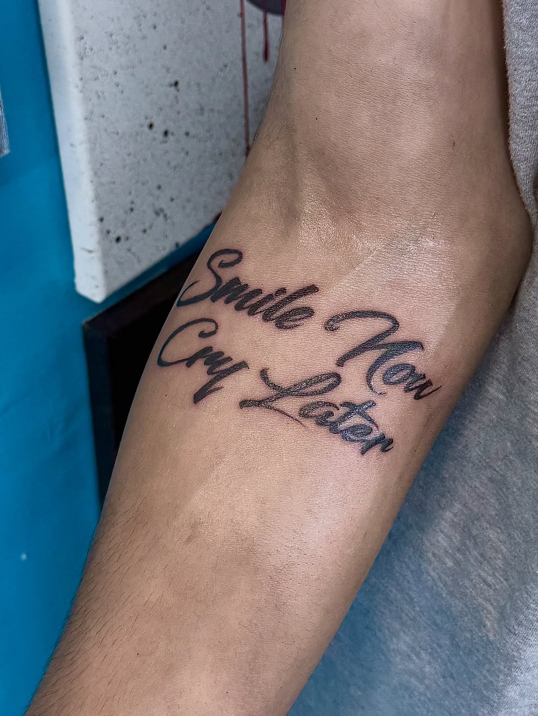 Tattoo by @greave.tattoos — lettering_script, black_and_grey