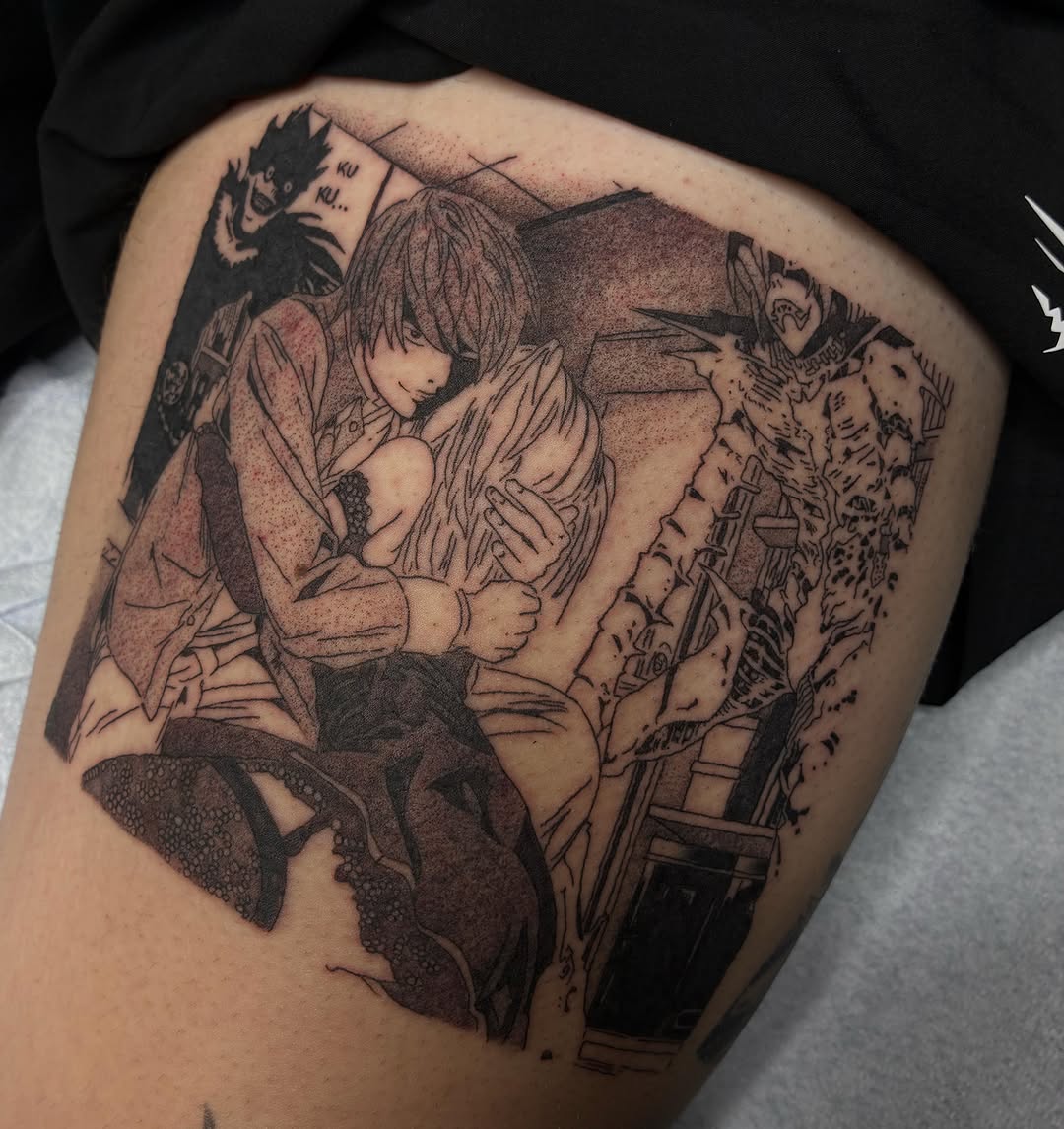 Tattoo by @zetersenn_ink — anime, black_and_grey