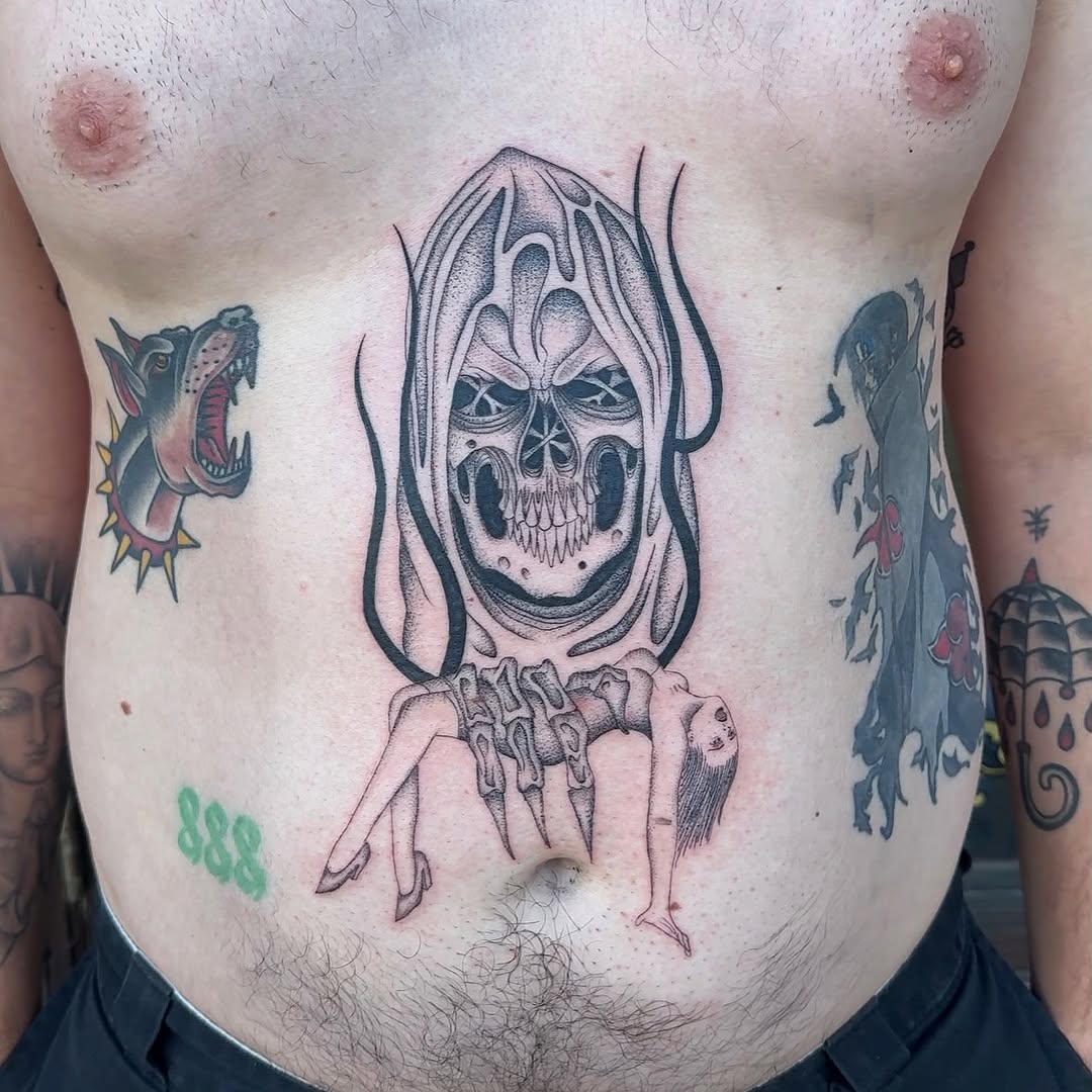 Tattoo by @glue.0000 — black_and_grey, dark_realism