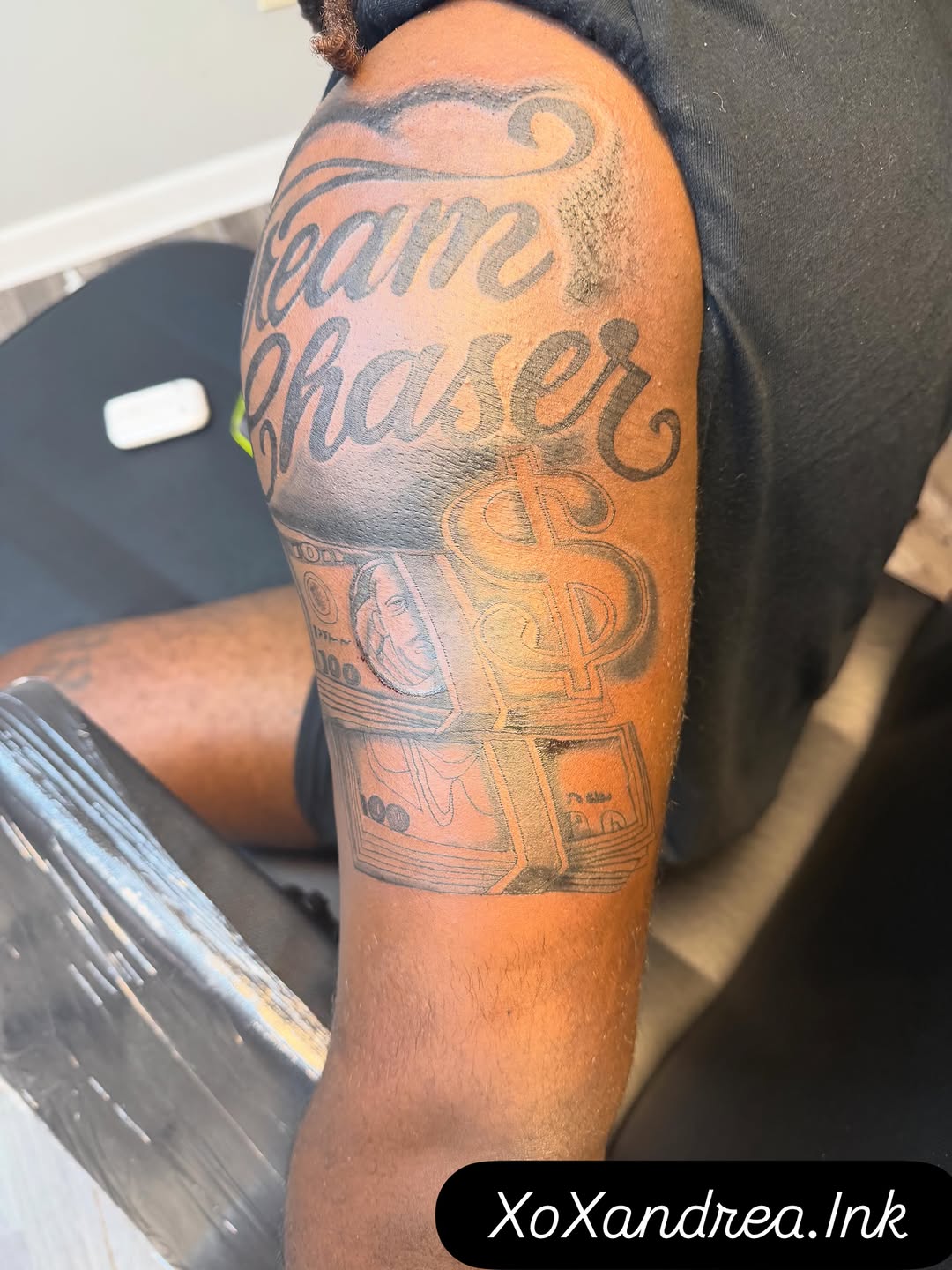 Tattoo by @xandreadavis — lettering_script, black_and_grey