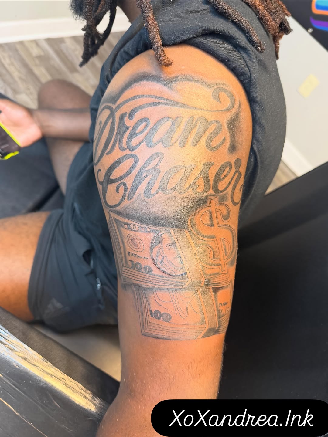 Tattoo by @xandreadavis — lettering_script, black_and_grey