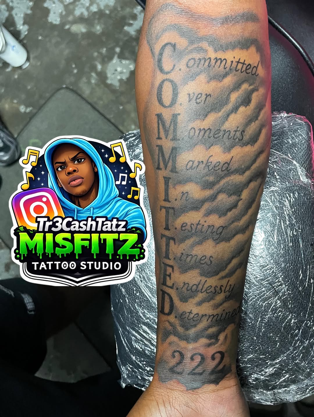 Tattoo by @tr3cashtats — lettering_script, black_and_grey
