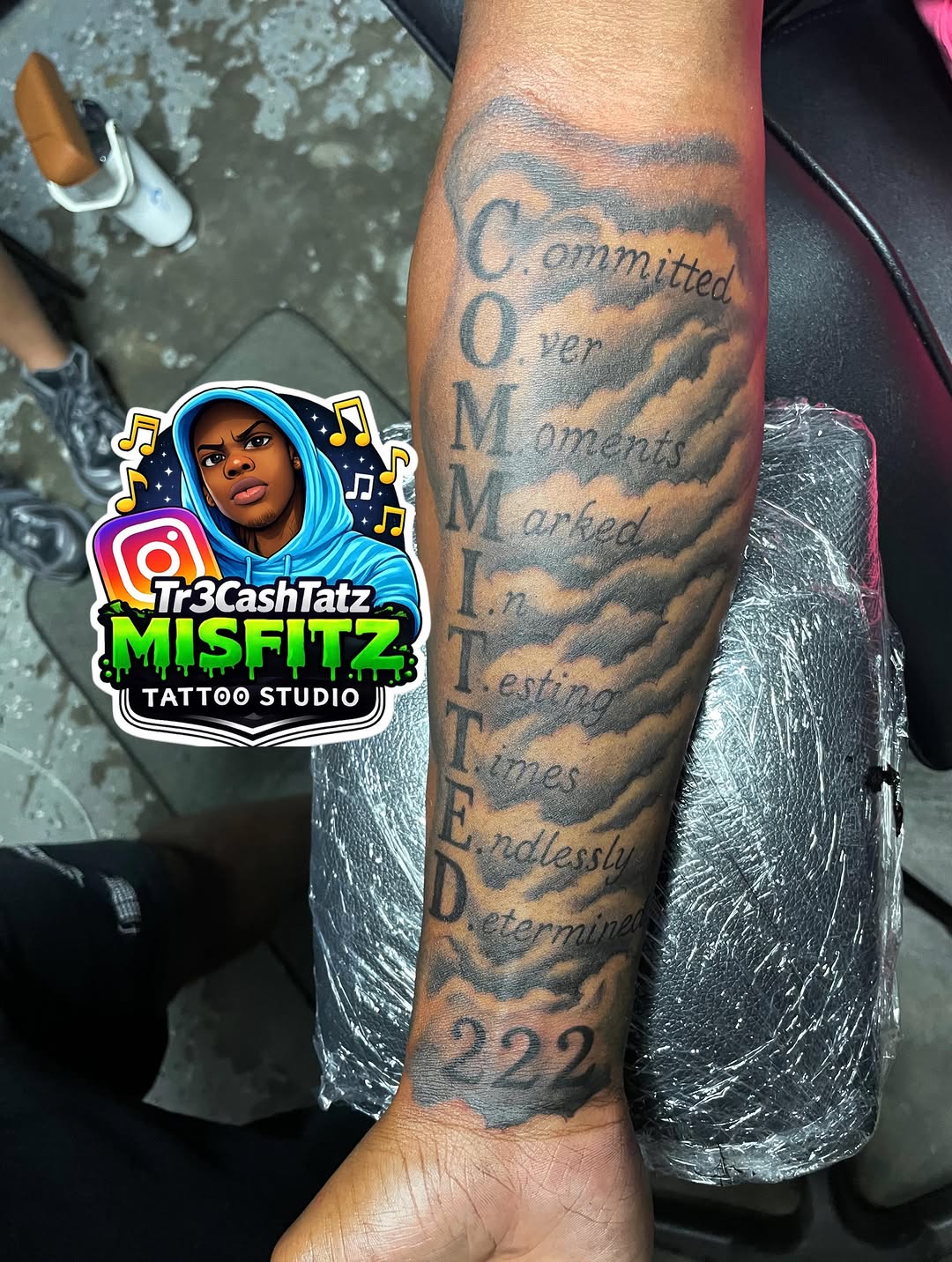 Tattoo by @tr3cashtats — lettering_script, black_and_grey