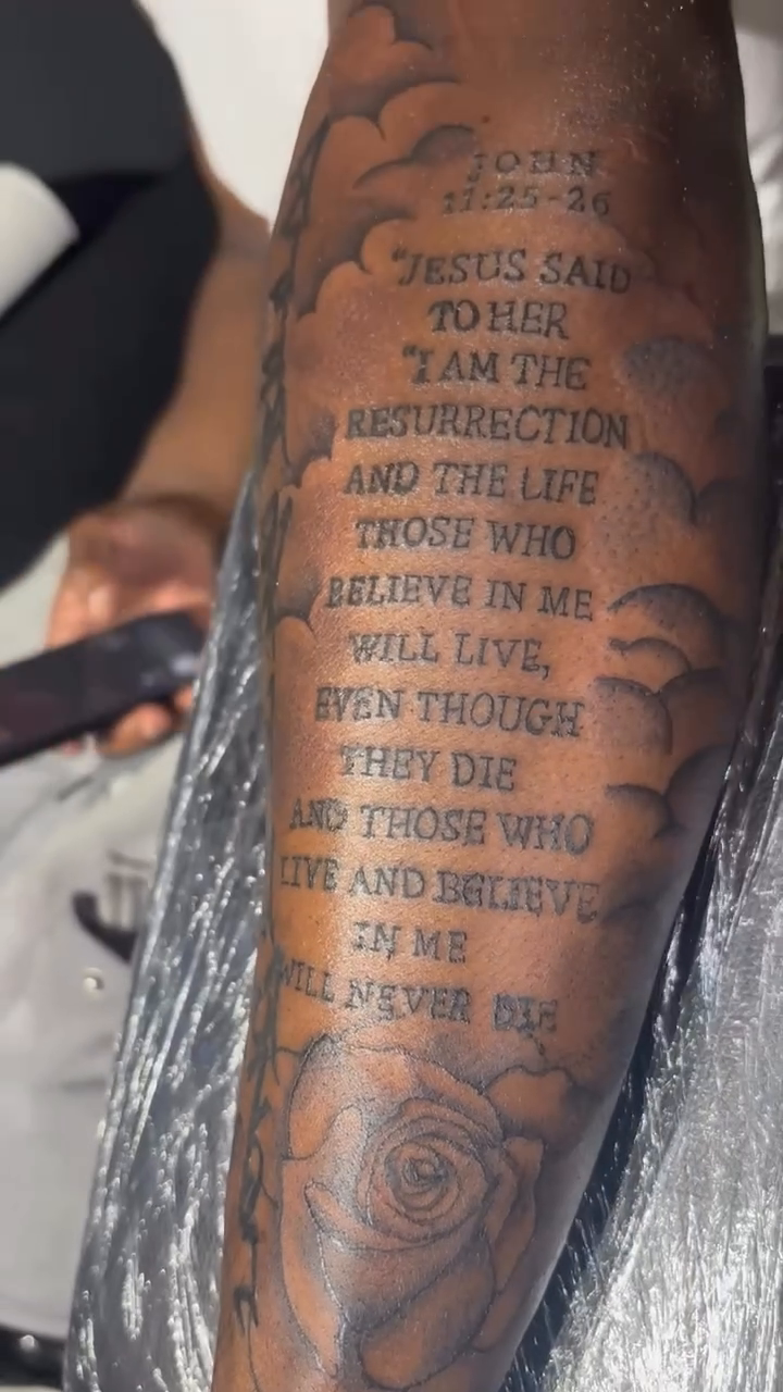 Tattoo by @twosidedpretty โ lettering_script, black_and_grey
