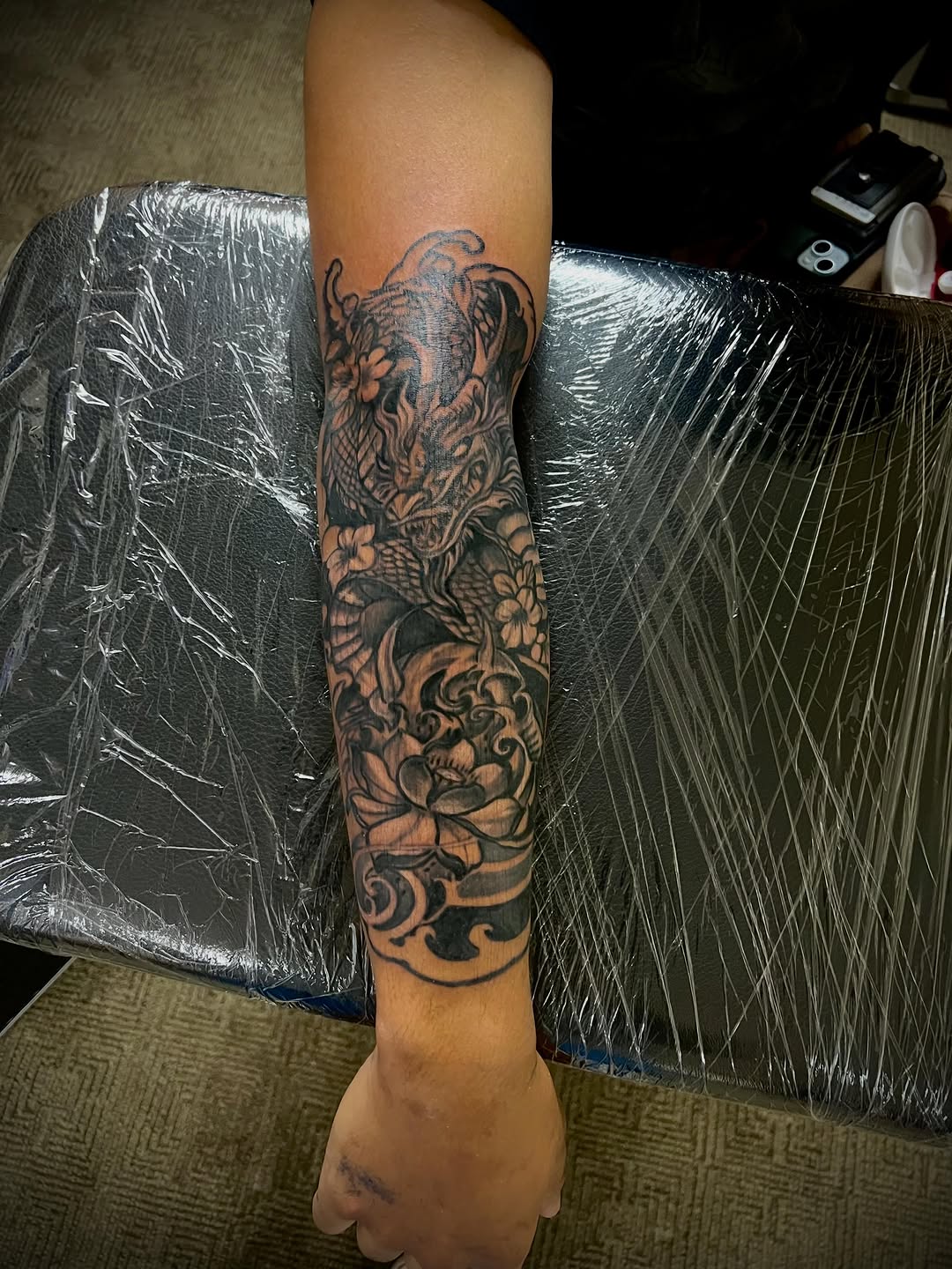 Tattoo by @prettyboyblueink — japanese_irezumi, black_and_grey