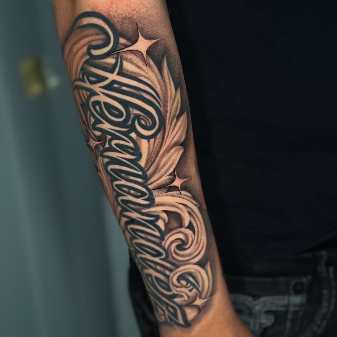 Tattoo by @nandojaa_ink — lettering_script, black_and_grey