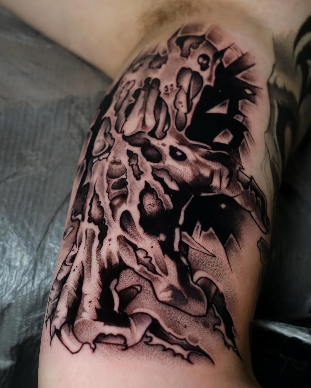 Tattoo by @leperemael — black_and_grey, dark_realism