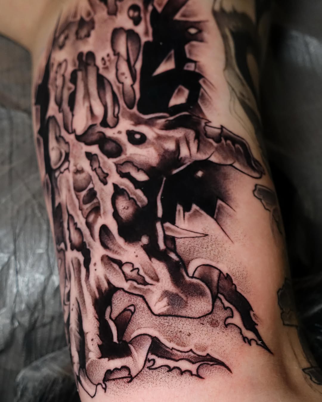 Tattoo by @leperemael — black_and_grey, dark_realism