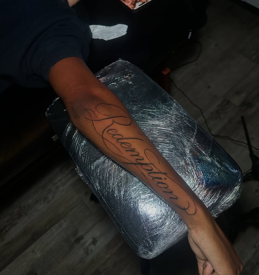 Tattoo by @tattedbytuck โ lettering_script, fine_line