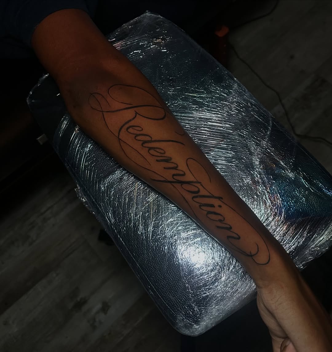 Tattoo by @tattedbytuck โ lettering_script, fine_line