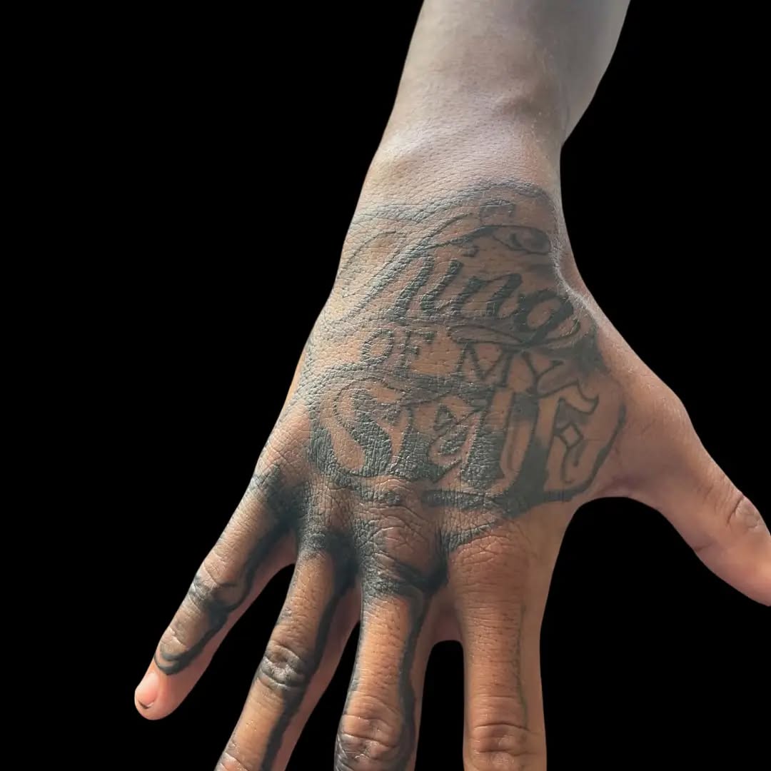 Tattoo by @inkbyhood508 โ lettering_script, black_and_grey