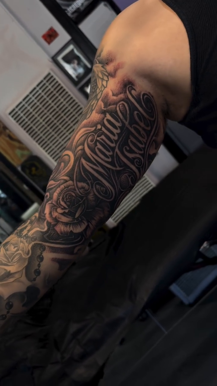 Tattoo by @mikeandinkk — black_and_grey, lettering_script