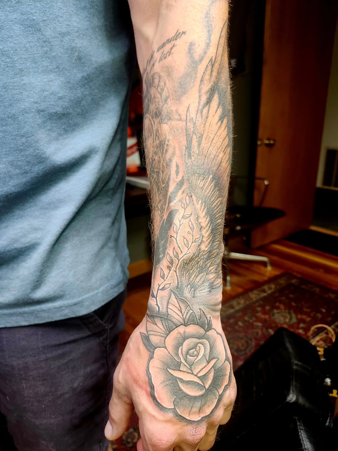 Tattoo by @rockinr33d.tattoos — black_and_grey, illustrative