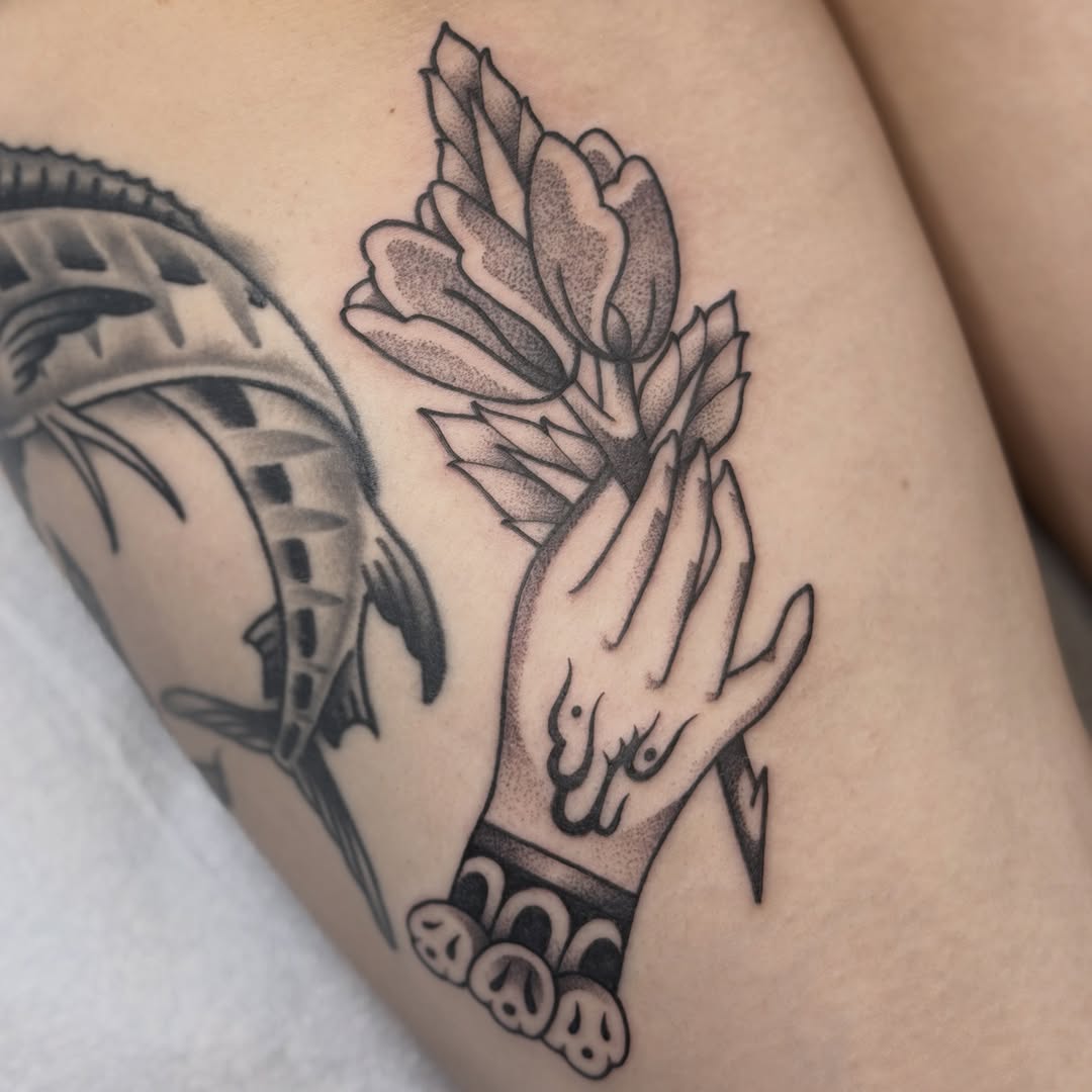 Tattoo by @fleabagtattoos — black_and_grey, chicano