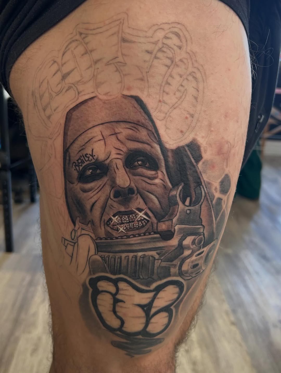 Tattoo by @russellb_tattoos — realism, black_and_grey