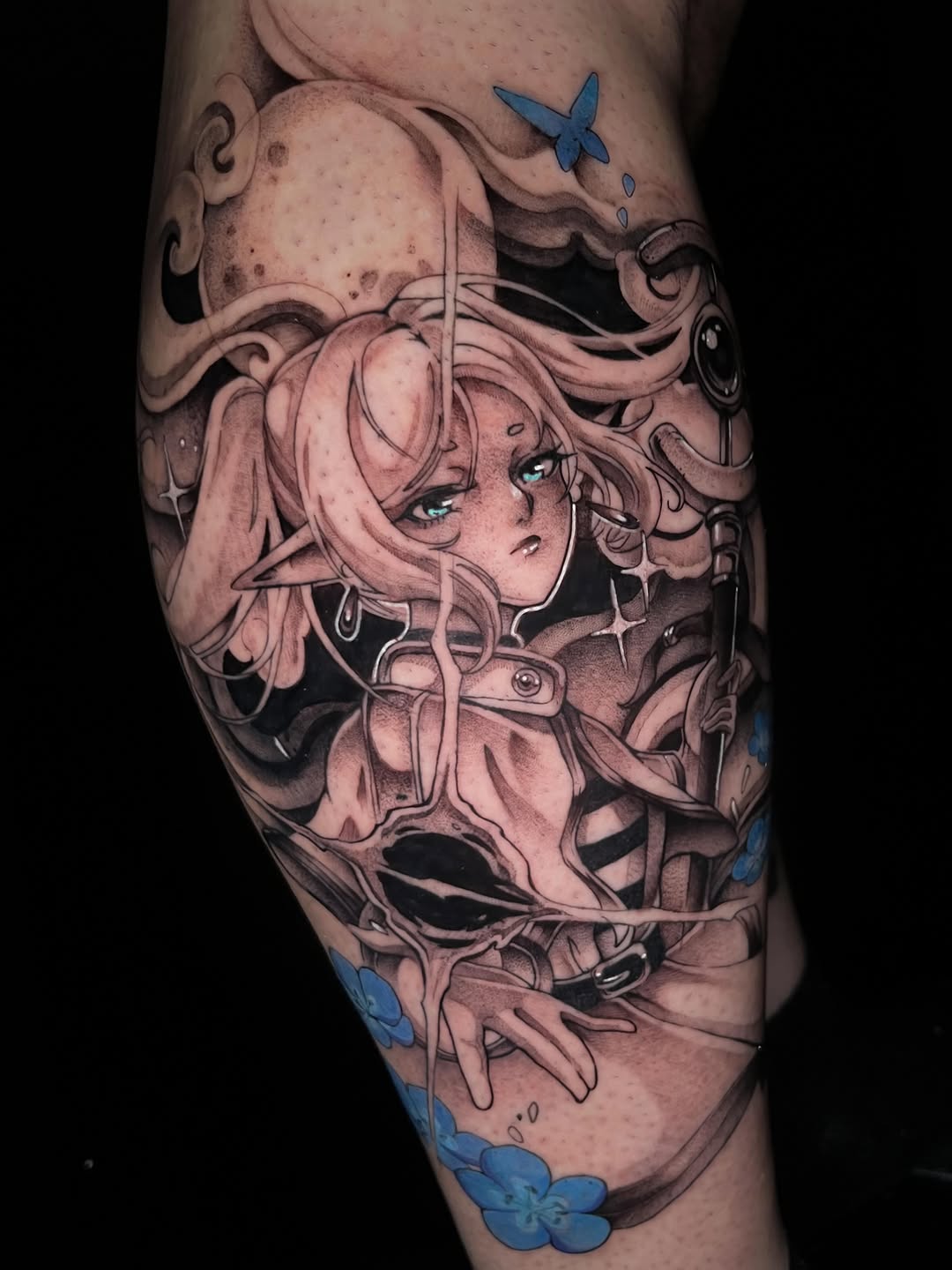 Tattoo by @celynity — anime, black_and_grey