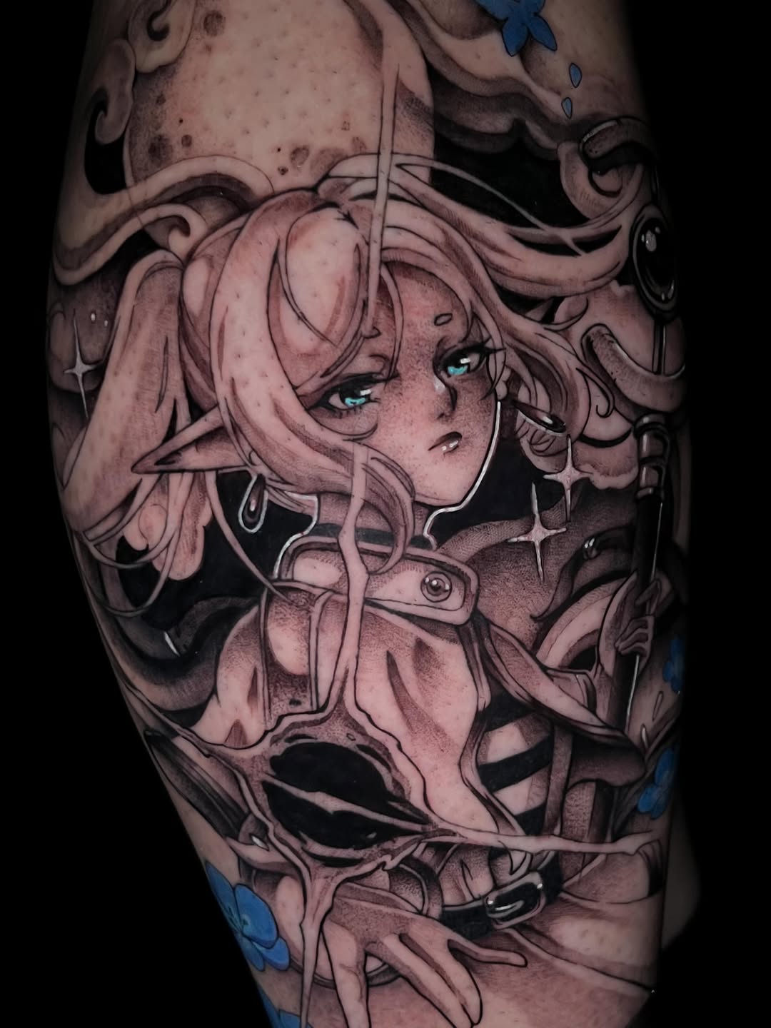 Tattoo by @celynity — anime, black_and_grey