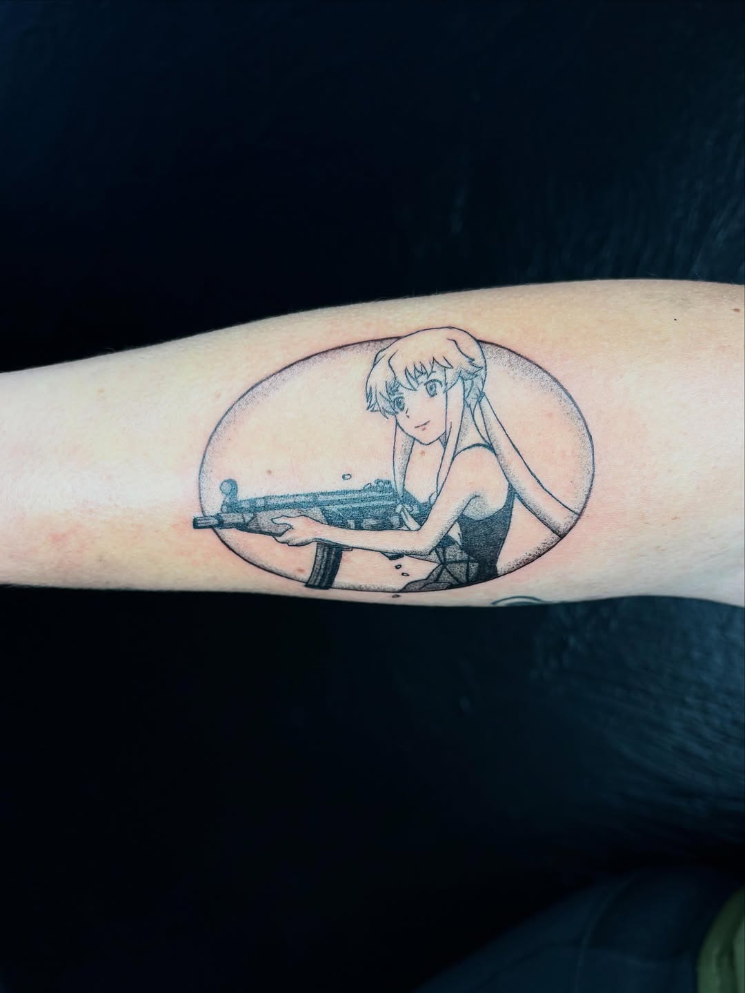 Tattoo by @vivala_goldfish — anime, black_and_grey
