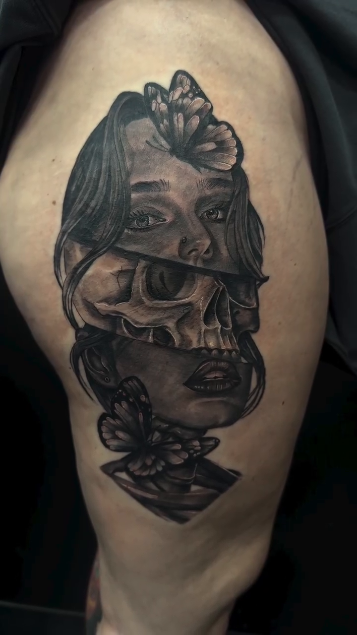 Tattoo by @rockemtatts โ dark_realism, black_and_grey
