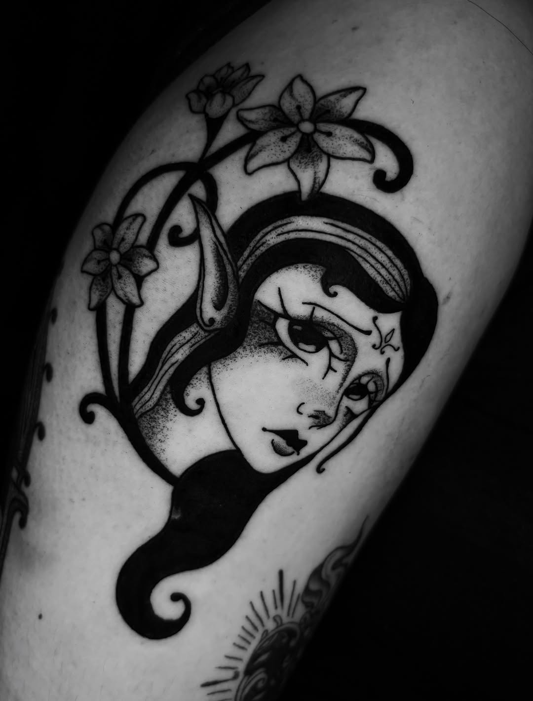 Tattoo by @call.me.crybabyy — black_and_grey, neo_traditional