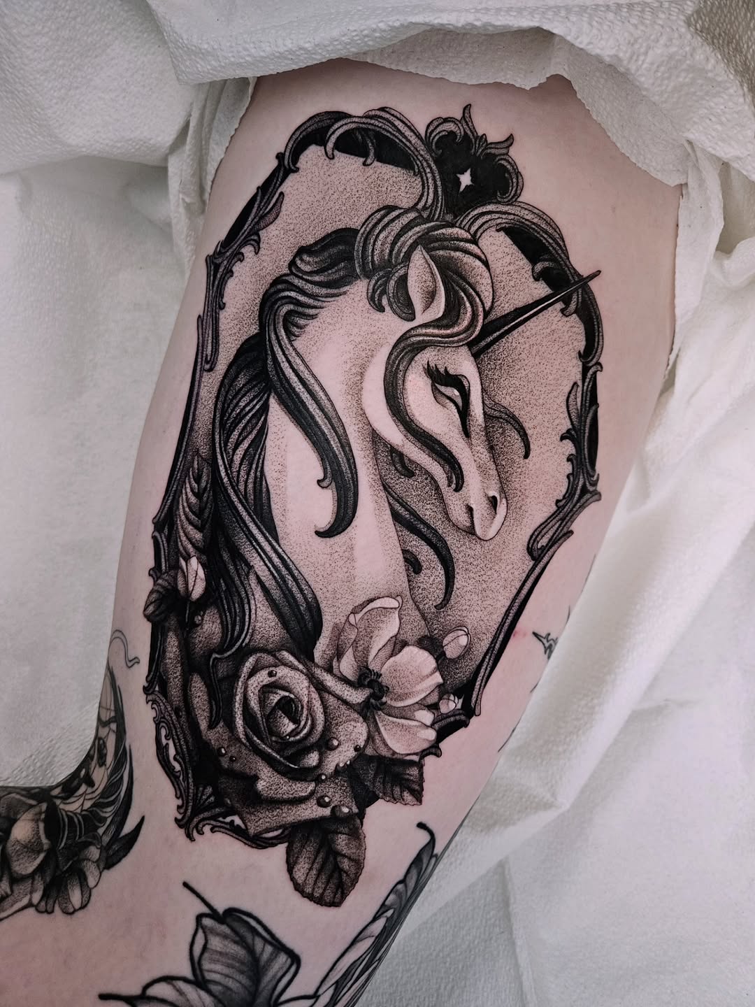 Tattoo by @fermented_ink — black_and_grey, dotwork
