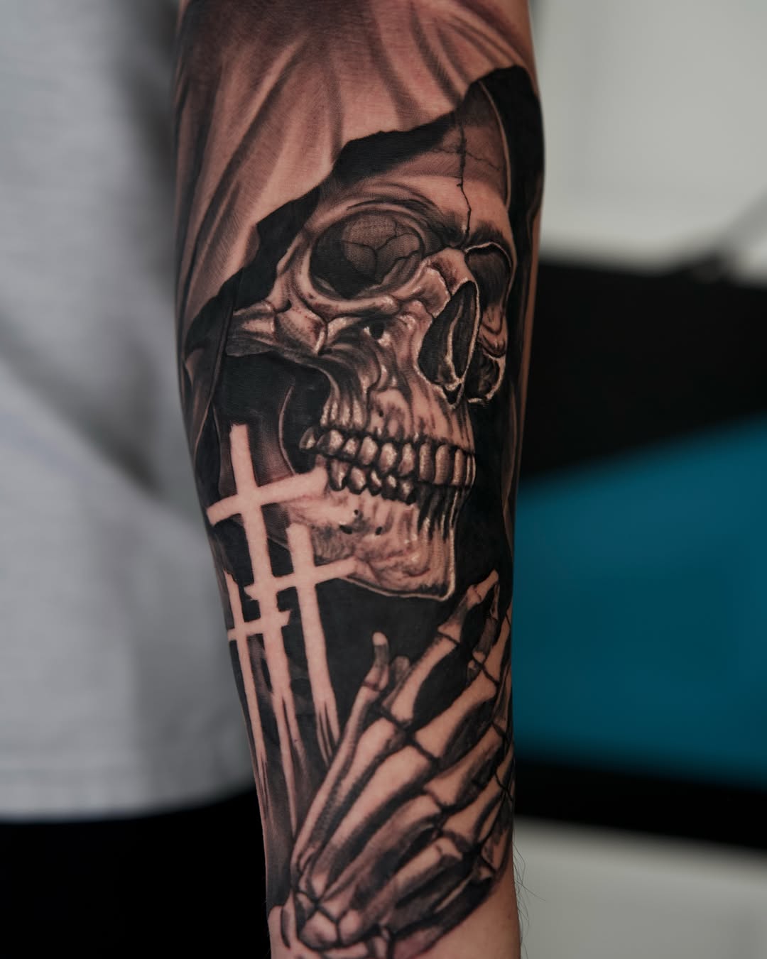 Tattoo by @travtatts โ dark_realism, black_and_grey