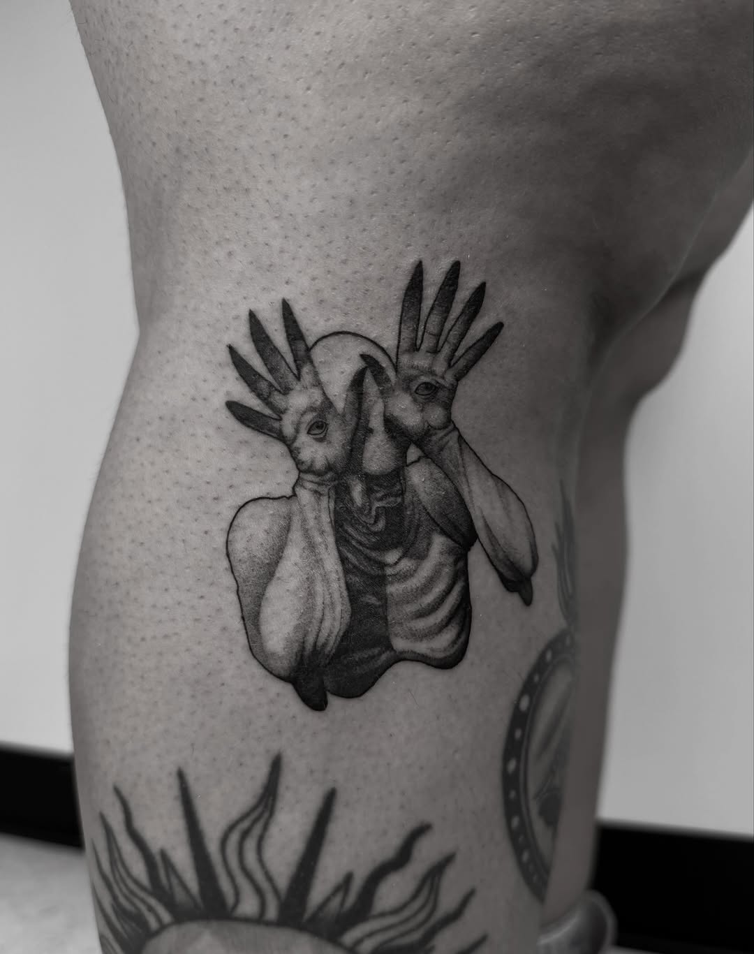 Tattoo by @hellishxtattoos β dark_realism, black_and_grey