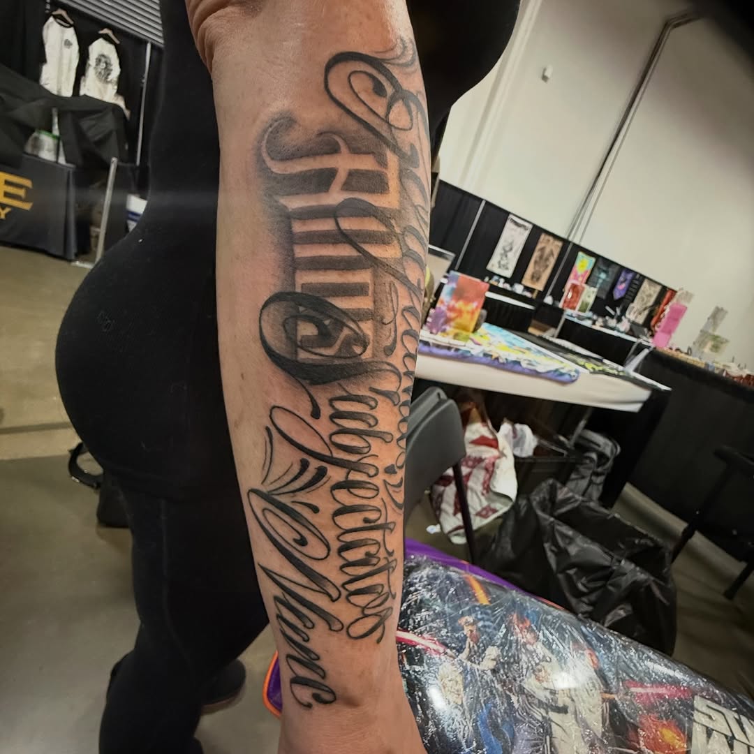 Tattoo by @taylormillstattoos — lettering_script, chicano