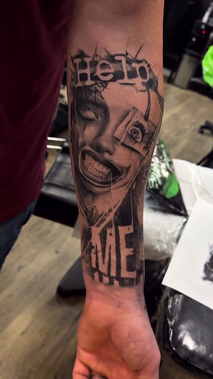 Tattoo by @weaponized_onion โ dark_realism, lettering_script
