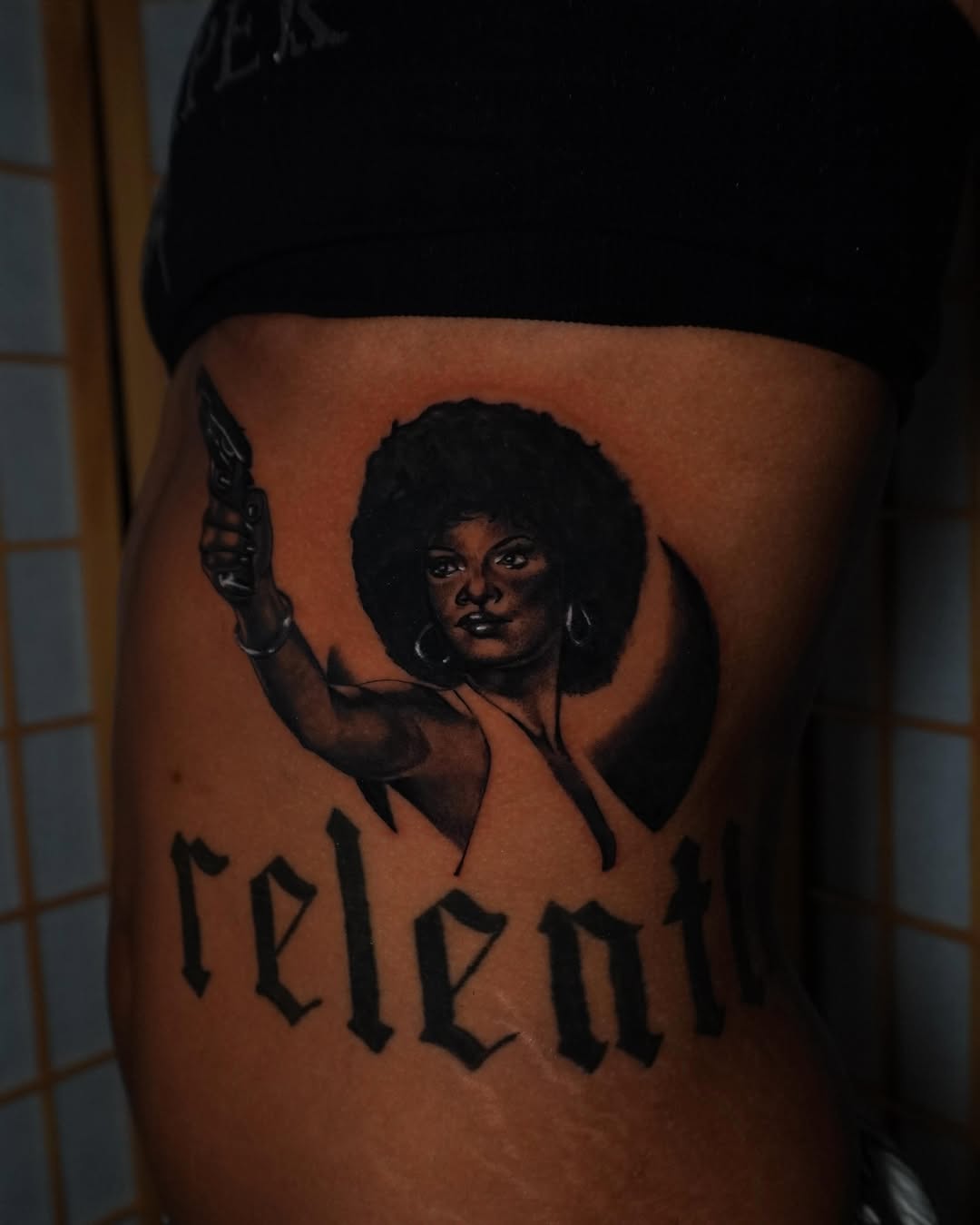 Tattoo by @hallowcream — black_and_grey, lettering_script
