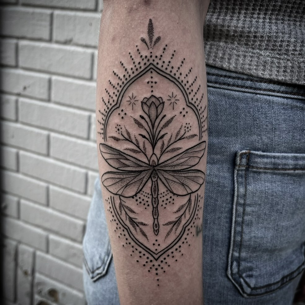 Tattoo by @sleptongroovestattoos — dotwork, ornamental