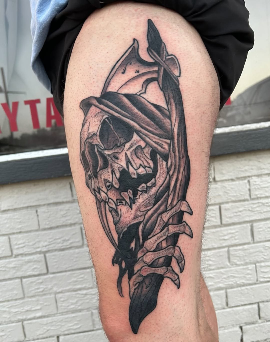 Tattoo by @mya.tattoos — black_and_grey, dark_realism