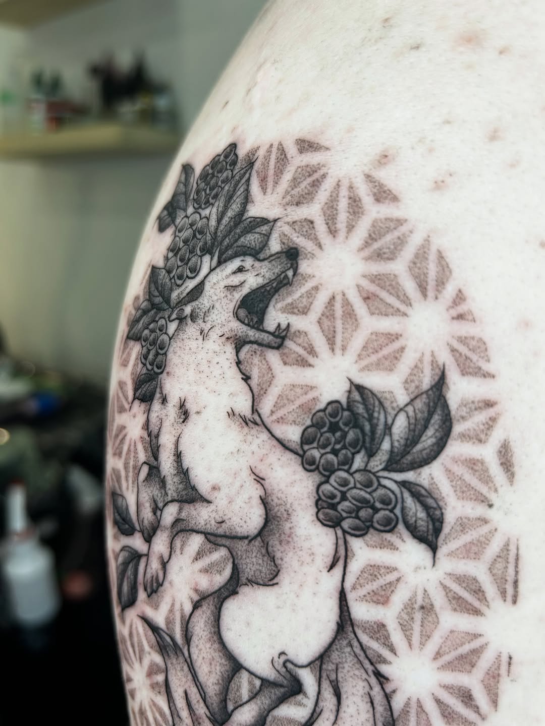 Tattoo by @bria.tattoos — dotwork, black_and_grey