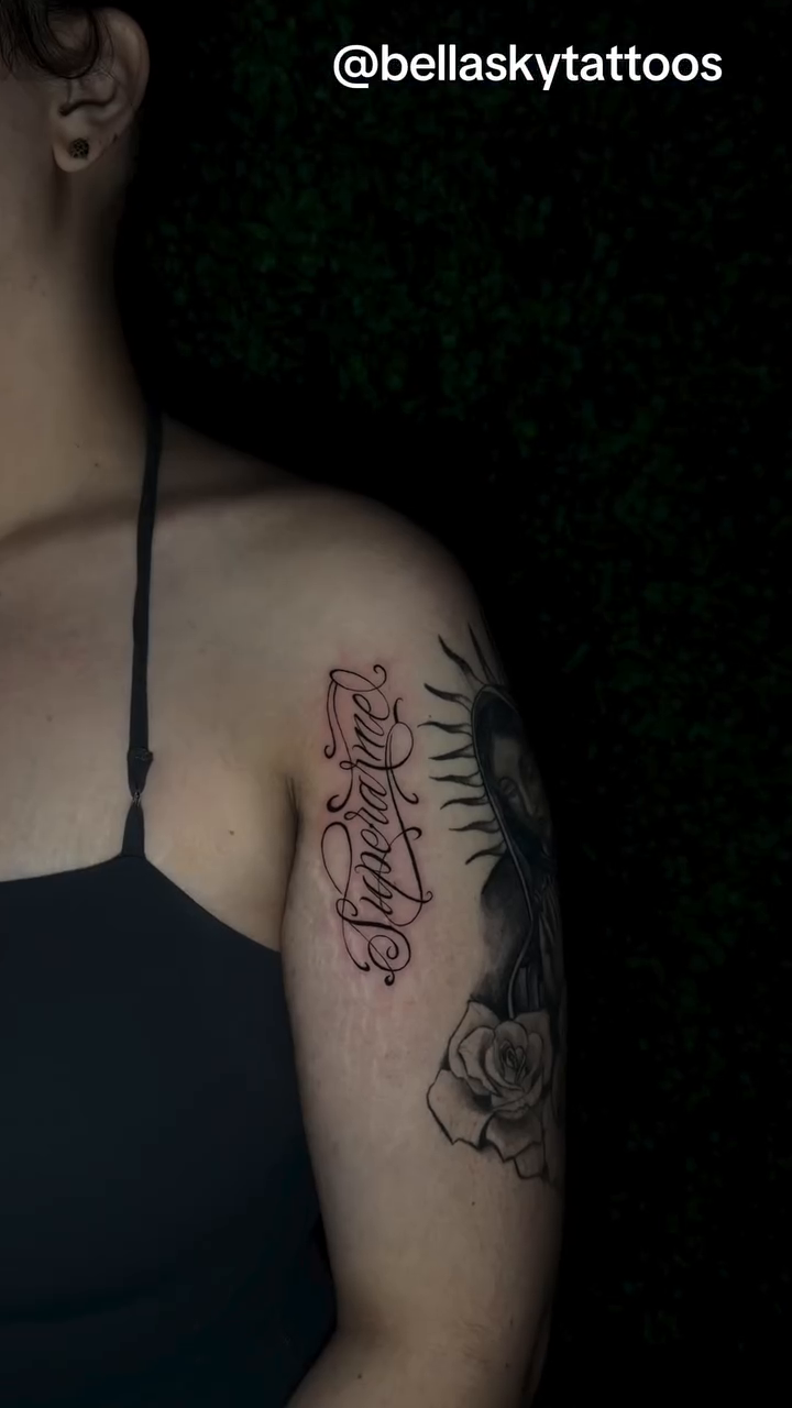 Tattoo by @bellaskytattoos — lettering_script, illustrative