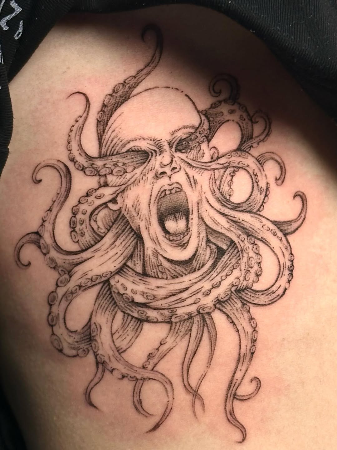 Tattoo by @90tattoo_ — black_and_grey, dark_realism