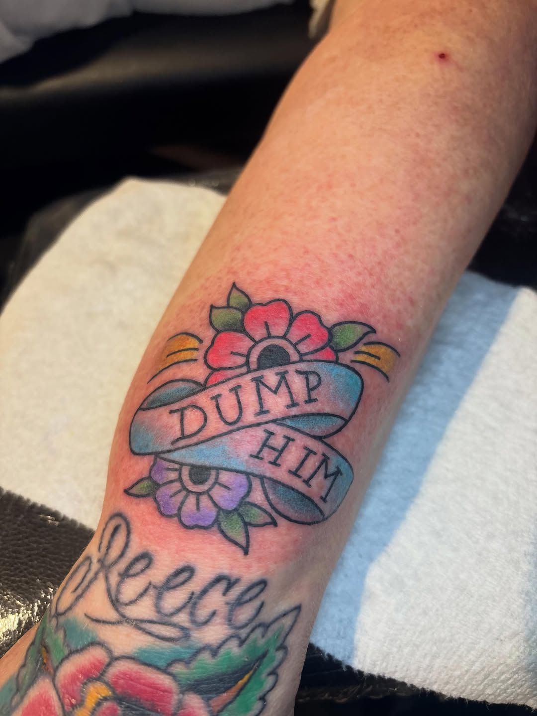 Tattoo by @malia_tattoos — american_traditional, lettering_script