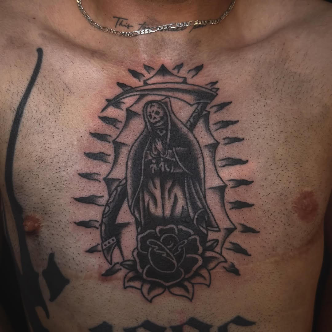 Tattoo by @jordytattsyou — black_and_grey, chicano