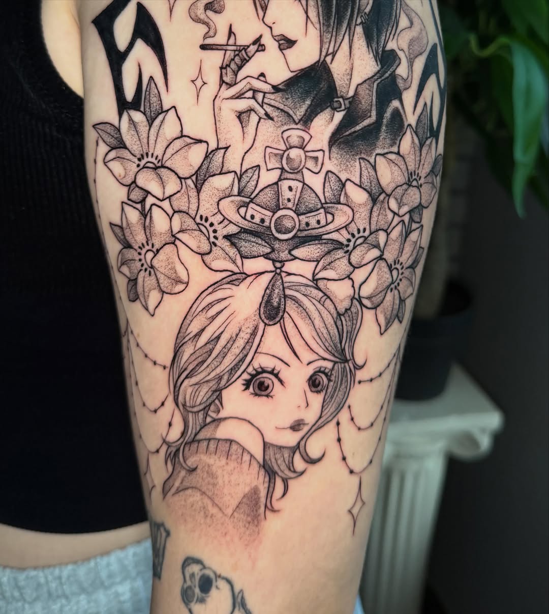 Tattoo by @sinful.tatts — anime, black_and_grey