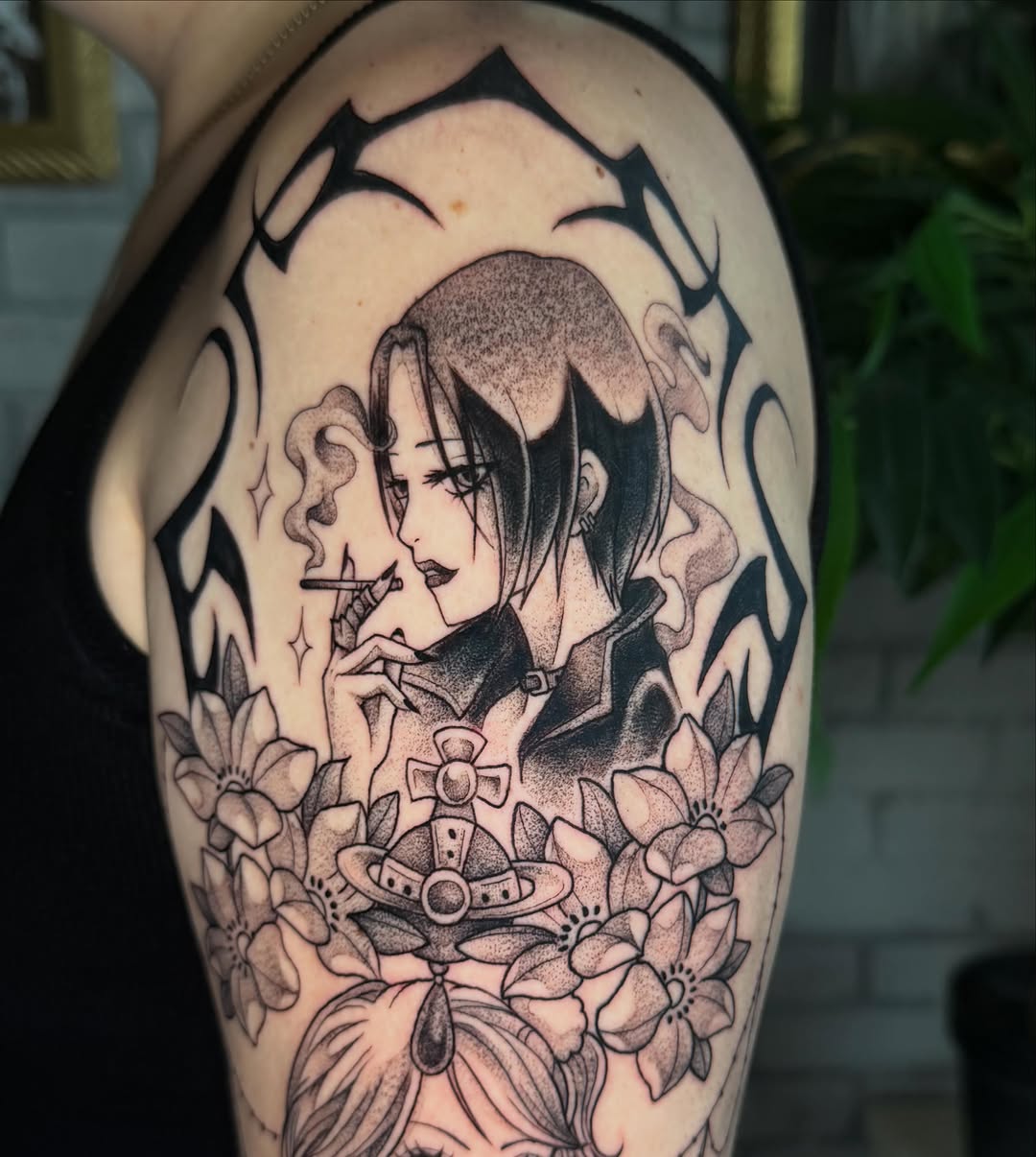 Tattoo by @sinful.tatts — anime, black_and_grey