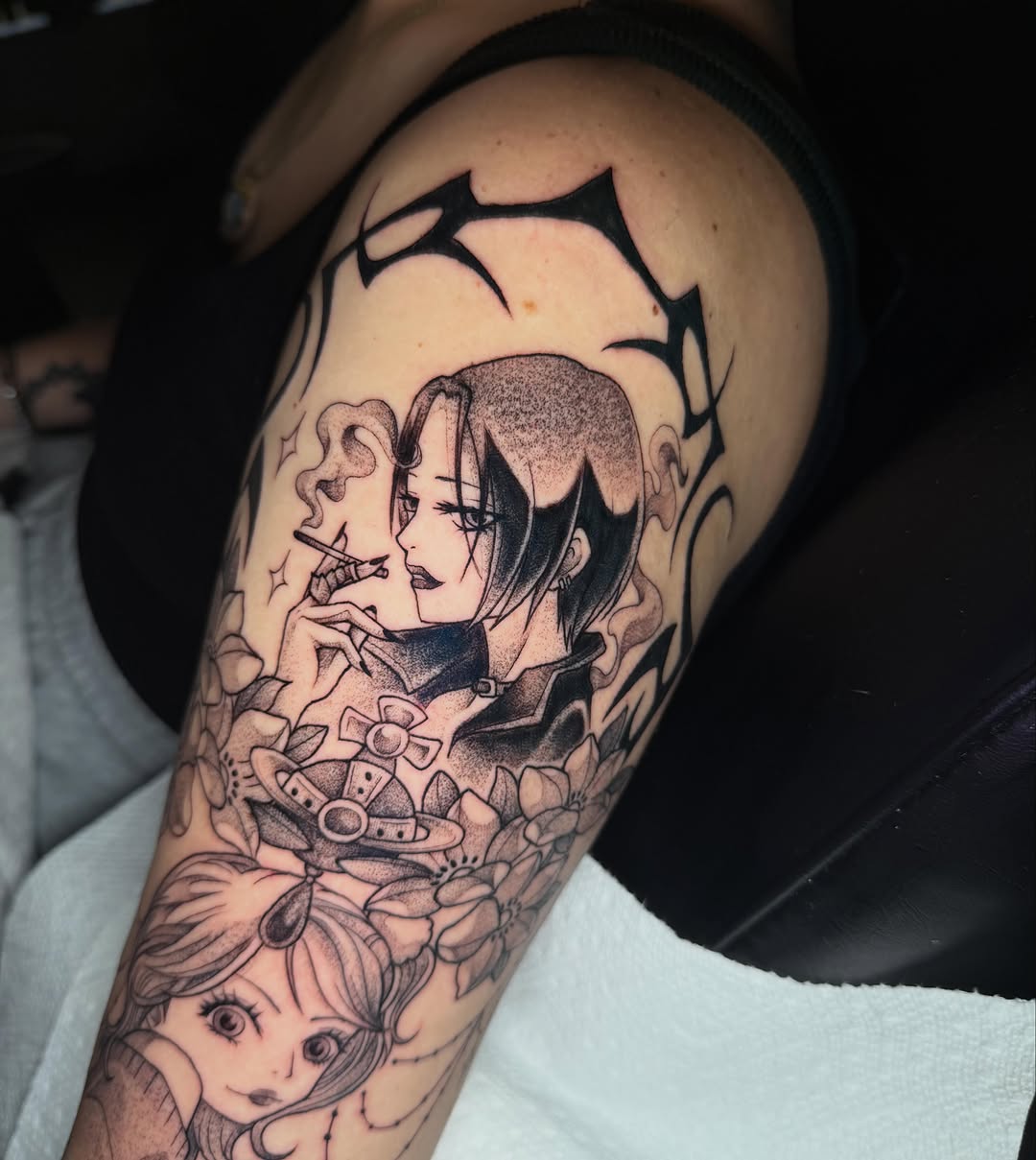 Tattoo by @sinful.tatts — anime, black_and_grey