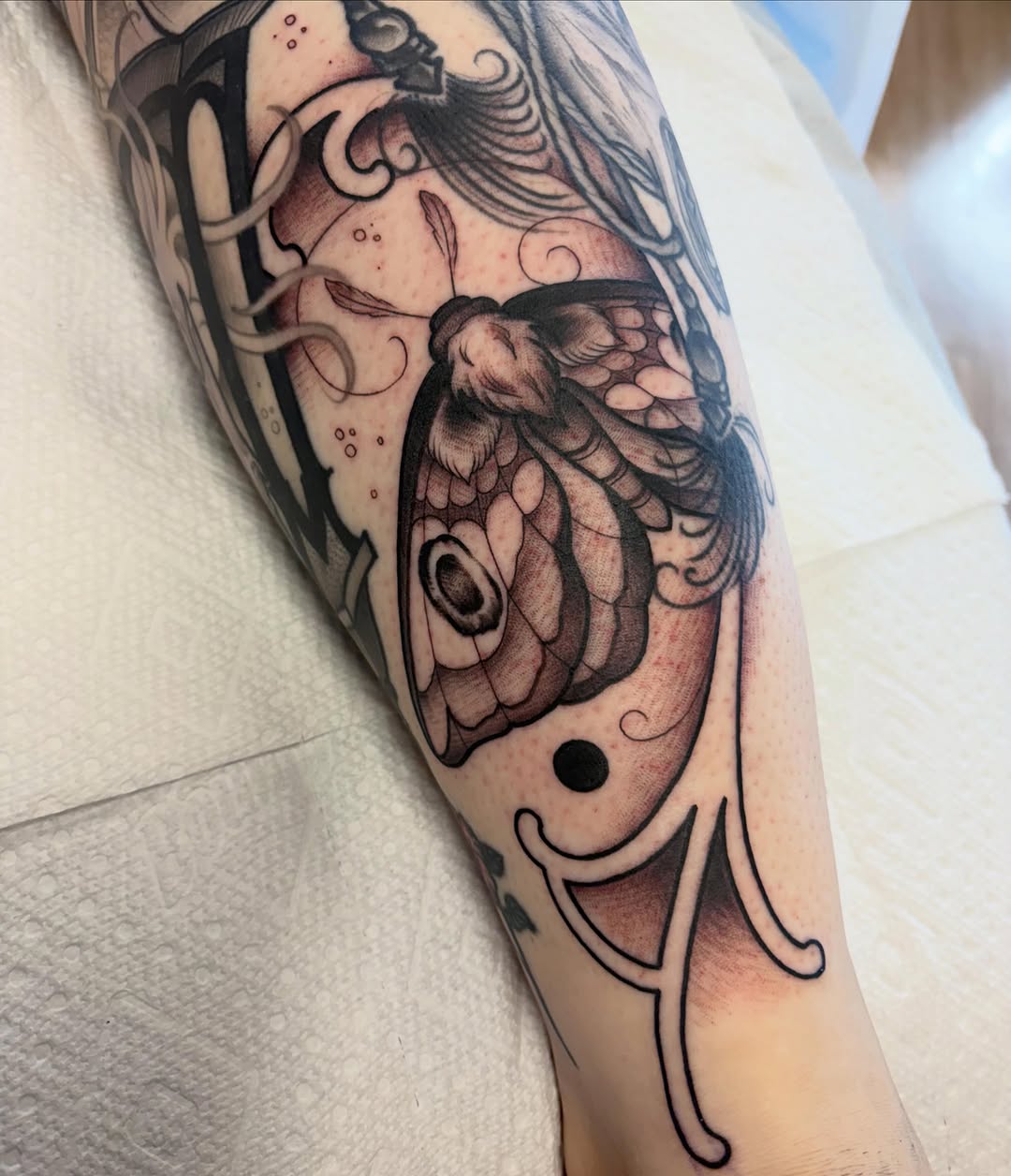 Tattoo by @kaylafaytattoos — black_and_grey, illustrative