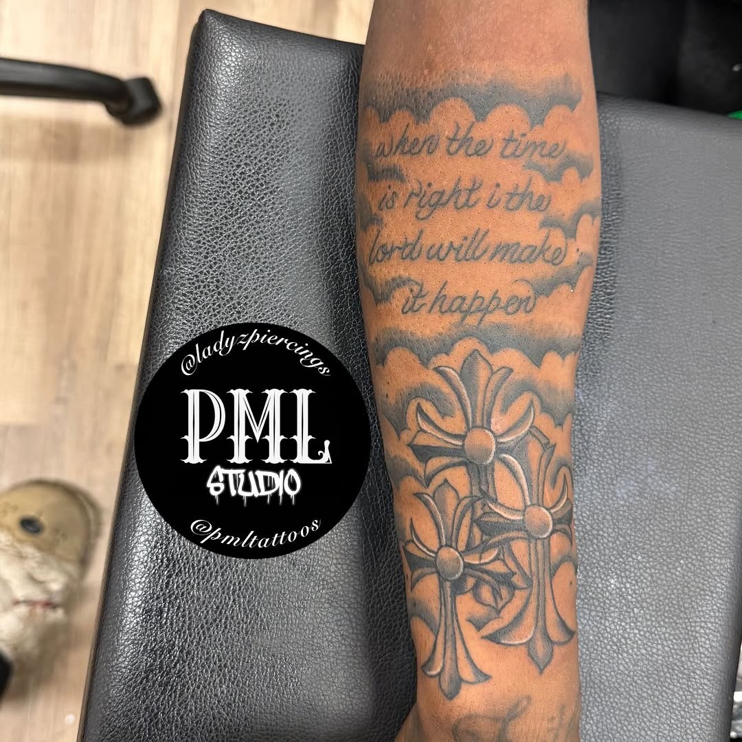 Tattoo by @ladyzbodyart — lettering_script, black_and_grey