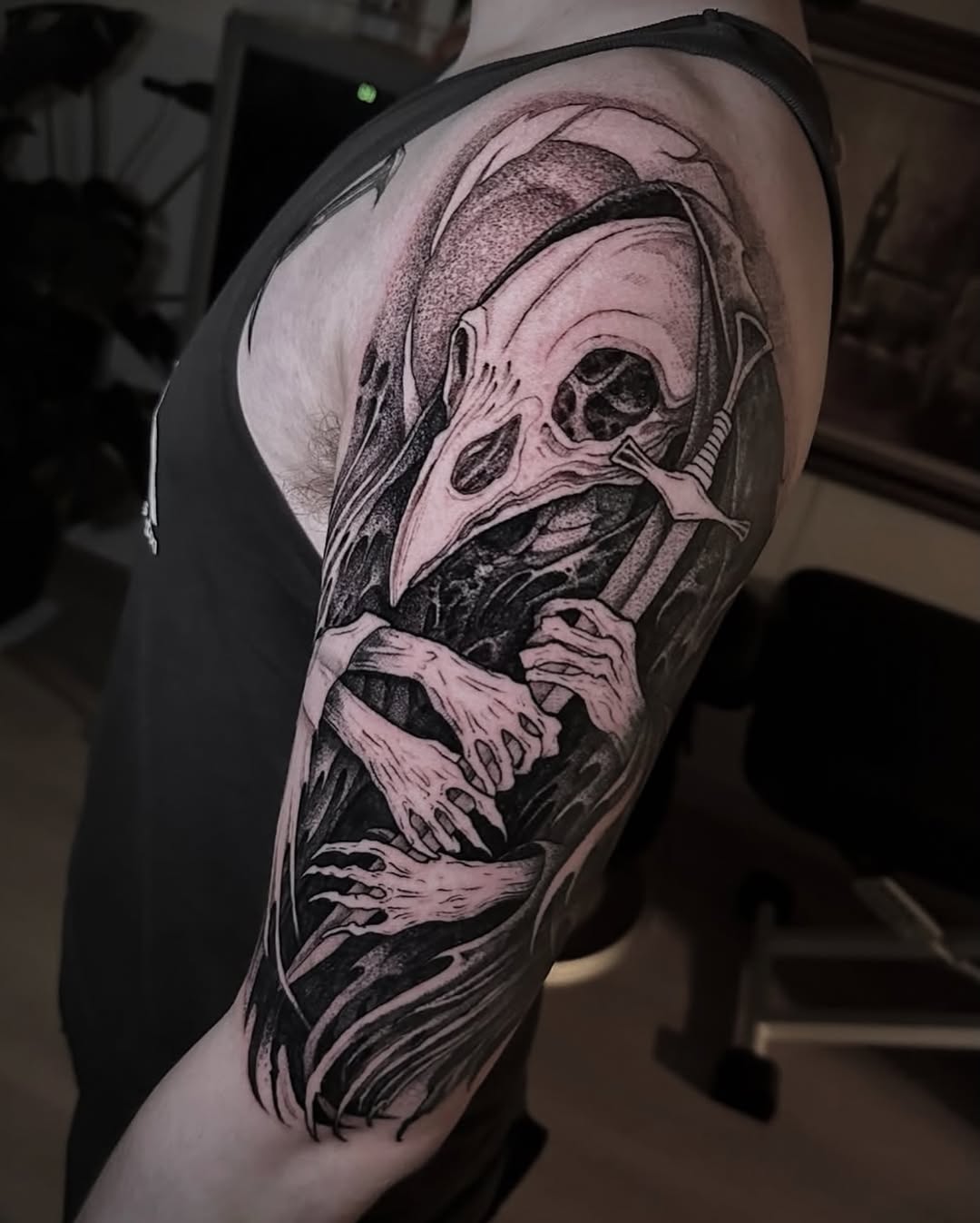 Tattoo by @pablomoreiratattoo — dark_realism, black_and_grey