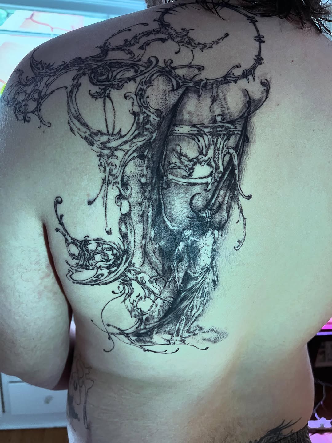 Tattoo by @initiationoftorture — illustrative, blackwork