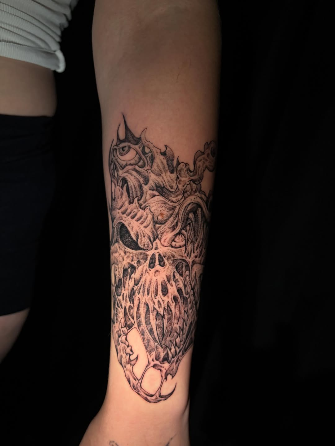 Tattoo by @crawlspacecadet — blackwork, dark_realism