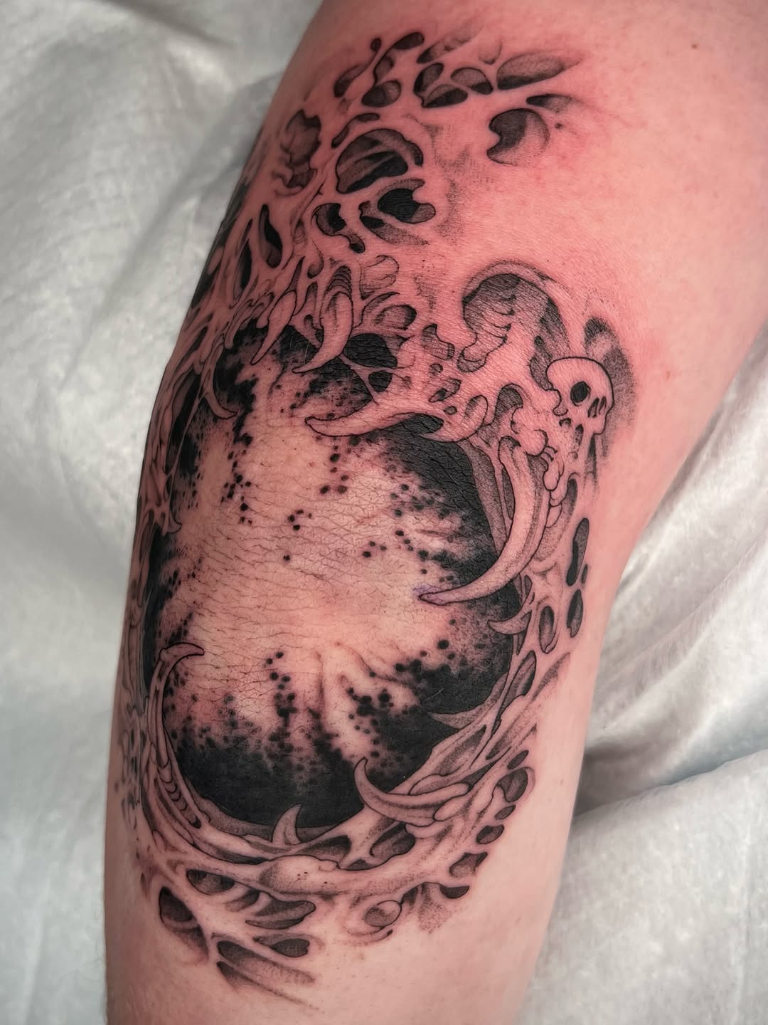 Tattoo by @revoltingworship — black_and_grey, dark_realism