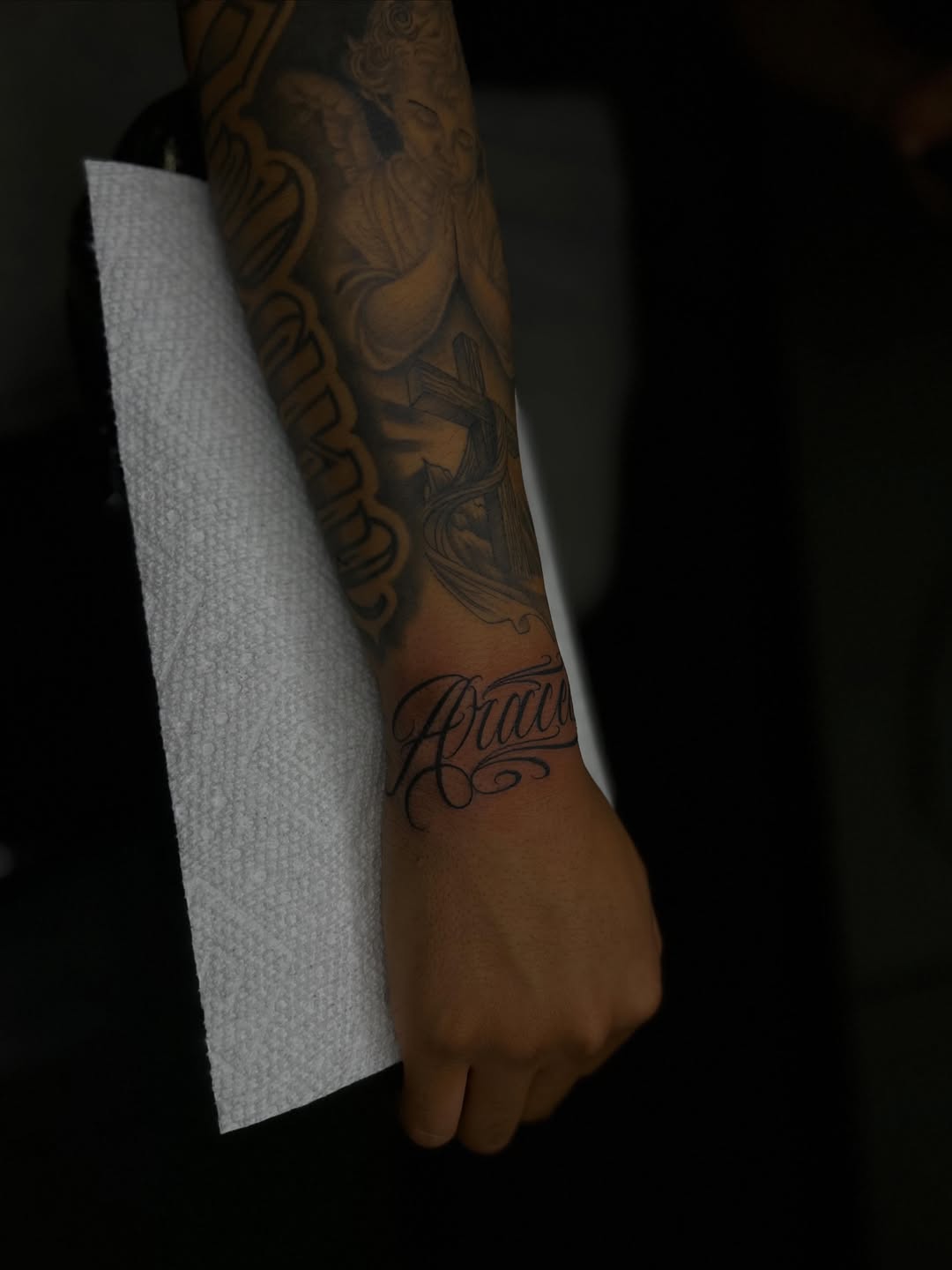 Tattoo by @benji_tattoos714 — black_and_grey, lettering_script