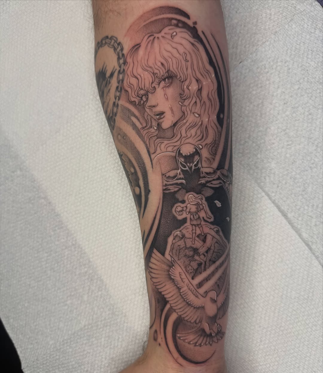 Tattoo by @mezzo.tattoo — anime, black_and_grey