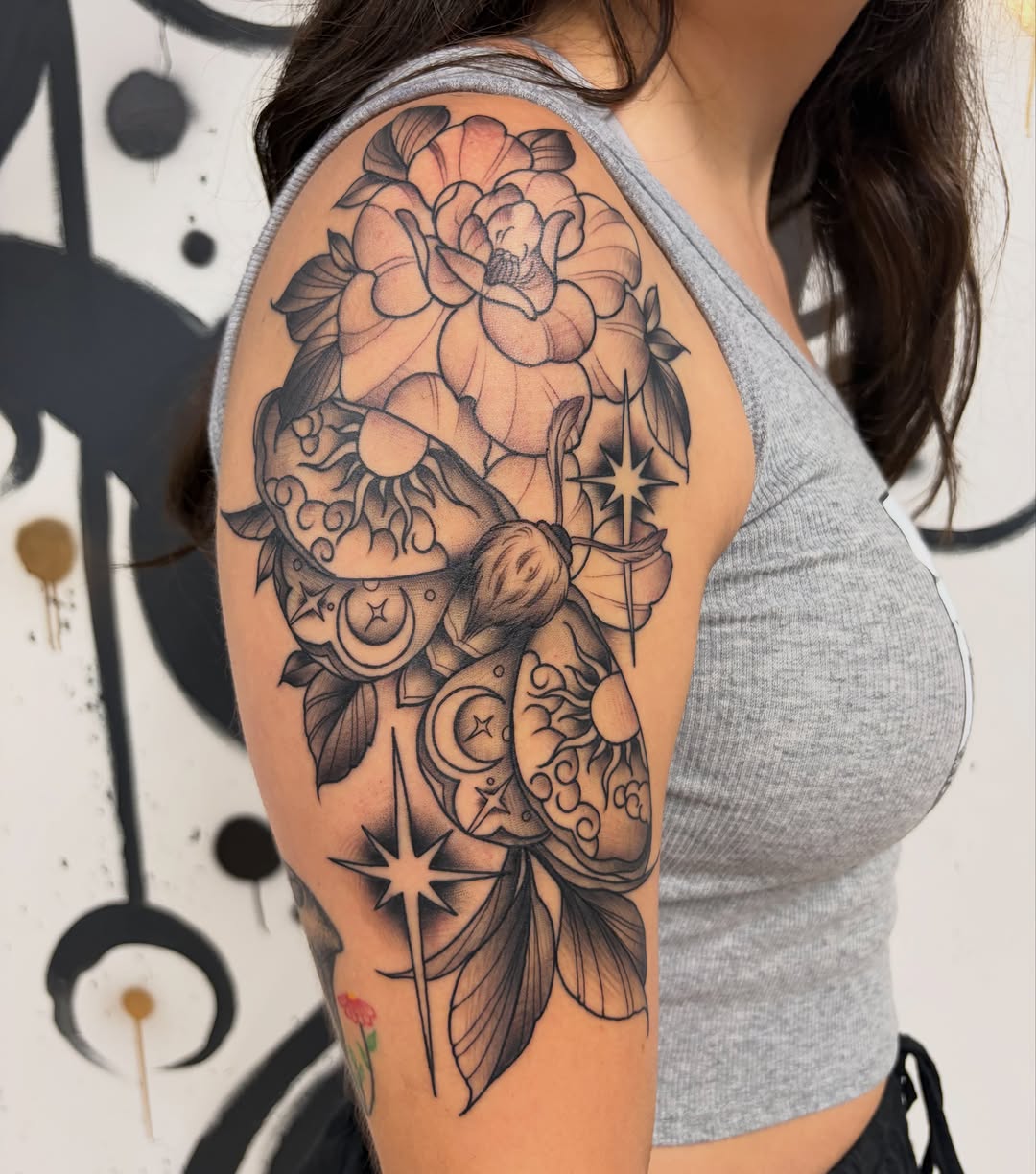 Tattoo by @kaylafaytattoos — illustrative, black_and_grey