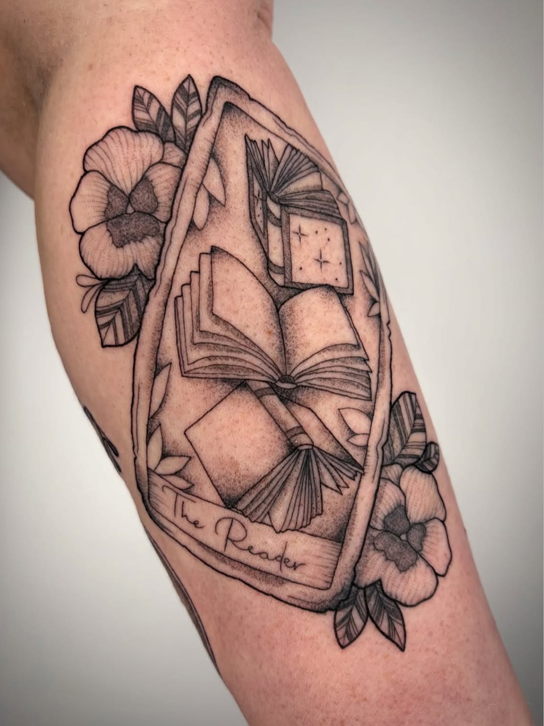 Tattoo by @poppyoliviatattoo — black_and_grey, lettering_script
